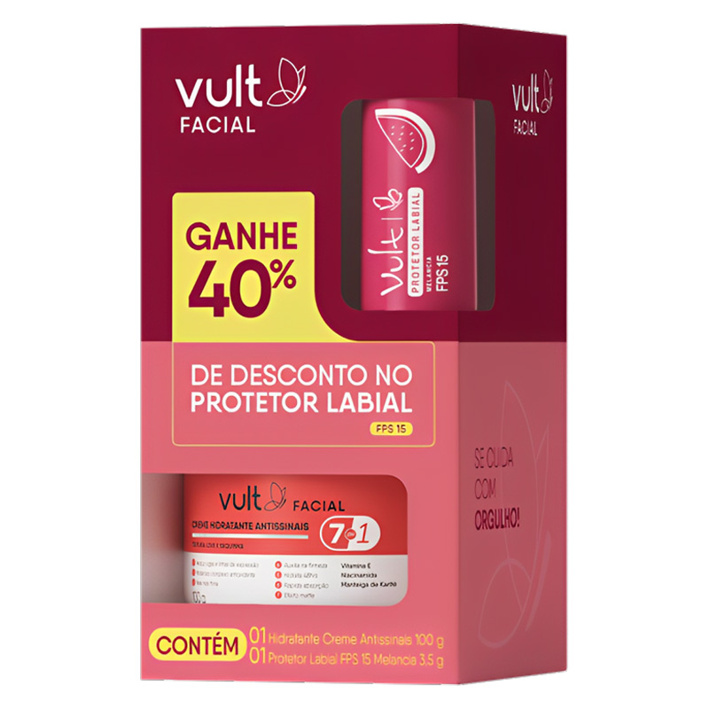 Kit Vult Care - Balm Labial Melancia 3,5g + Creme Facial Antissinais 100g