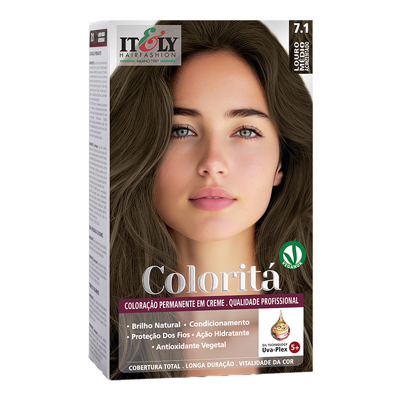 Itely Coloritá Louro Médio Acinzentado - Kit Bisnaga Coloração nº 7.1 50g + Emulsão Reveladora 75ml + Creme de Tratamento Pós Coloração 15g