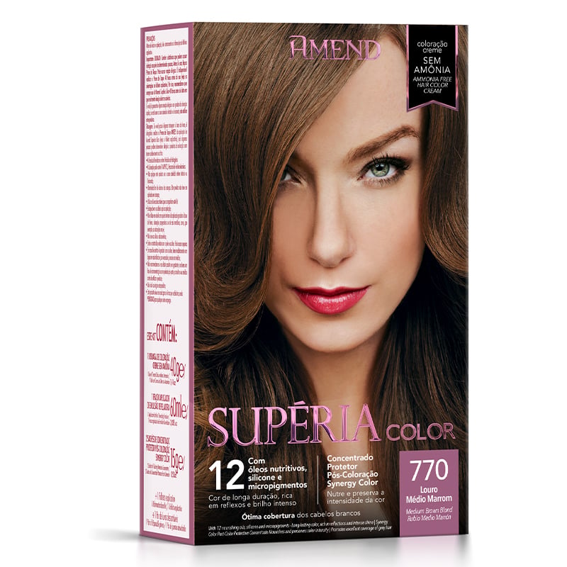 Amend Supéria Color Louro Médio Marrom - Kit Bisnaga Coloração nº 770 40g + Emulsão Reveladora 60ml + Concentrado Protetor Pós Coloração Synergy Color 15g