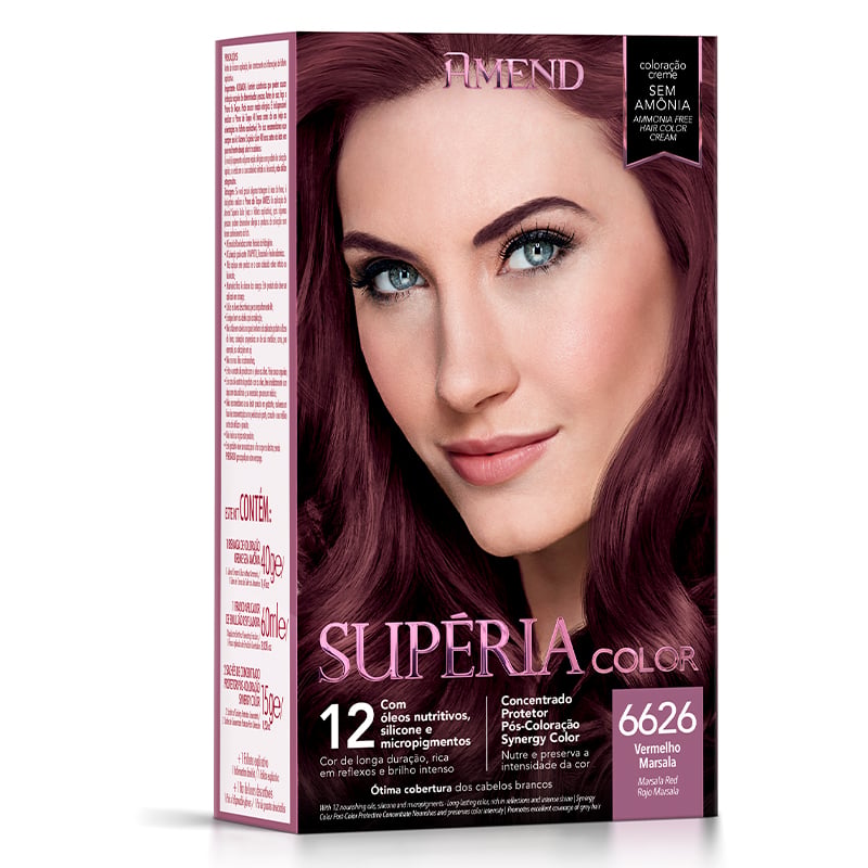 Amend Supéria Color Vermelho Marsala - Kit Bisnaga Coloração nº 6626 40g + Emulsão Reveladora 60ml + Concentrado Protetor Pós Coloração Synergy Color 15g