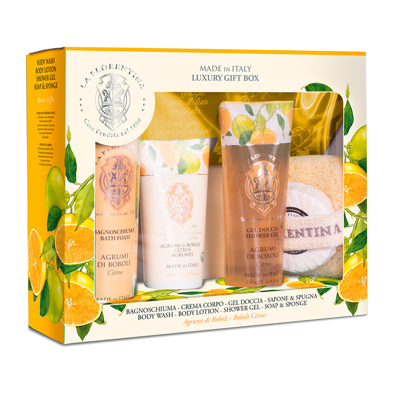 La Florentina Agrumi Di Boboli - Kit Spa Espuma de Banho 500ml + Sabonete em Barra 115g + Loção Corporal 200ml + Gel De Banho 250ml + Esponja de Banho