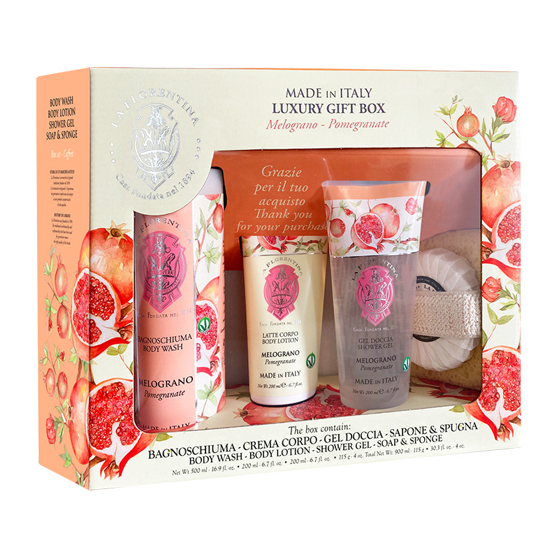 La Florentina Melograno - Kit Spa Espuma de Banho 500ml + Sabonete em Barra 115g + Loção Corporal 200ml + Gel De Banho 250ml + Esponja de Banho