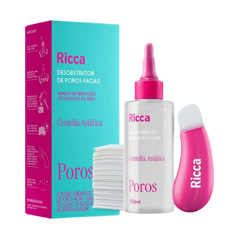 Ricca - Desobstrutor de Poros Faciais Kit Desobstrutor 150ml + 40 Folhas de Algodão + Espatula Auxiliar