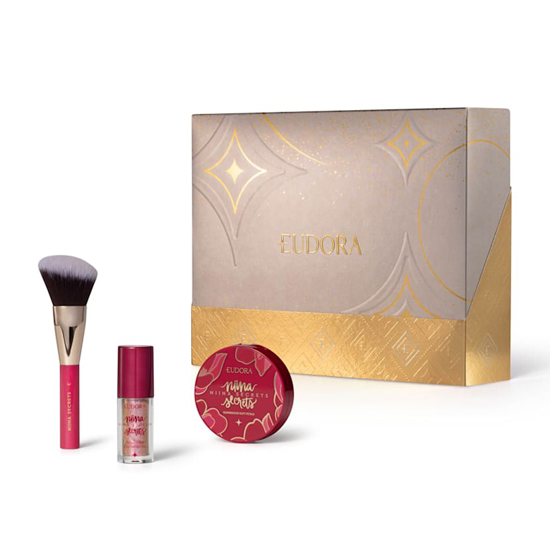 Eudora Niina Secrets - Kit Iluminador Soft Petals 3g + Delineador Líquido Crystal Gold 3g + Mini Pincel Multifuncional