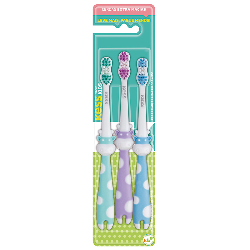 Kess Basic Kids - Pack com 3 Escovas Dentais Infantis Basic Pets Extramacias - Ref. 2566