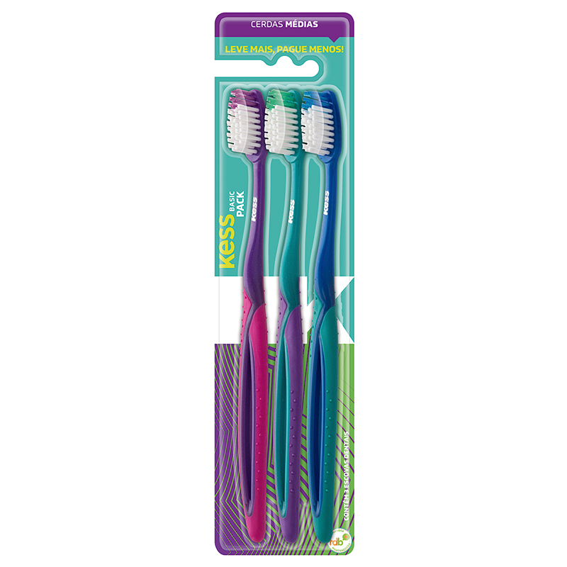 Kess Basic Plus - Pack com 3 Escovas Dentais Médias - Ref. 2564
