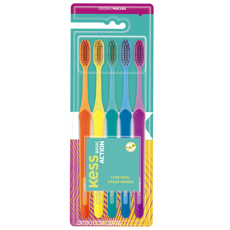 Kess Basic Action - Pack com 5 Escovas Dentais Macias - Ref. 2548